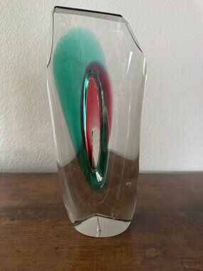 Shari Brush Art Glass Red Green Sculpture c. 1980s Signed Abstract Murano Style